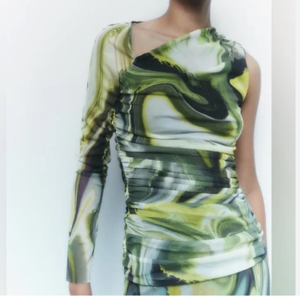 NWT ZARA PRINT STRETCH TULLE TOP MESH Ruched Asymmetrical